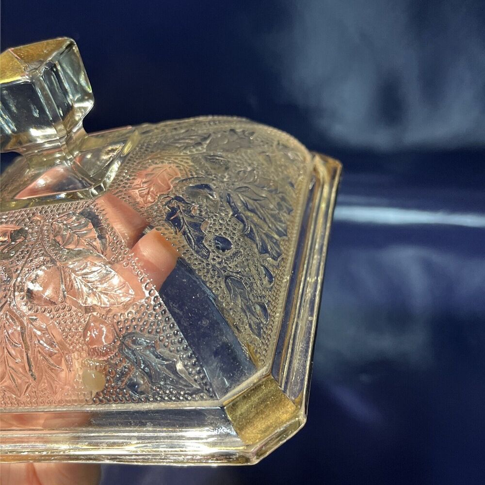 Vintage Jeanette Depression Glass Candy Dish w/Lid Square Acorn‎ &Leaves Design - Picture 7 of 13